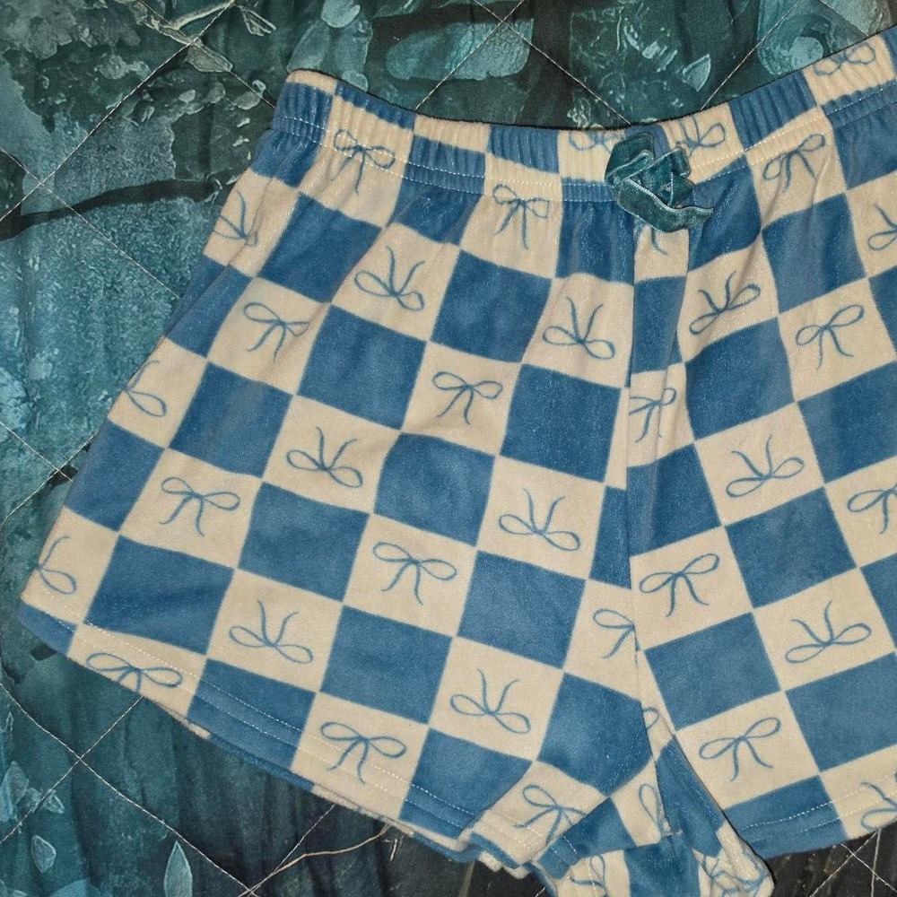 Womens Blue Cream Checkered Bow Print Pajama Shorts Soft Sleepwear Size S